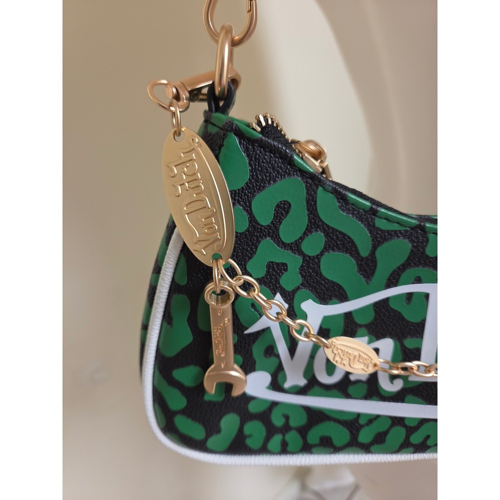Von Dutch Green Leopard Print Baguette Shoulder Bag Y2K Streetwear Logo Purse - Picture 3 of 9